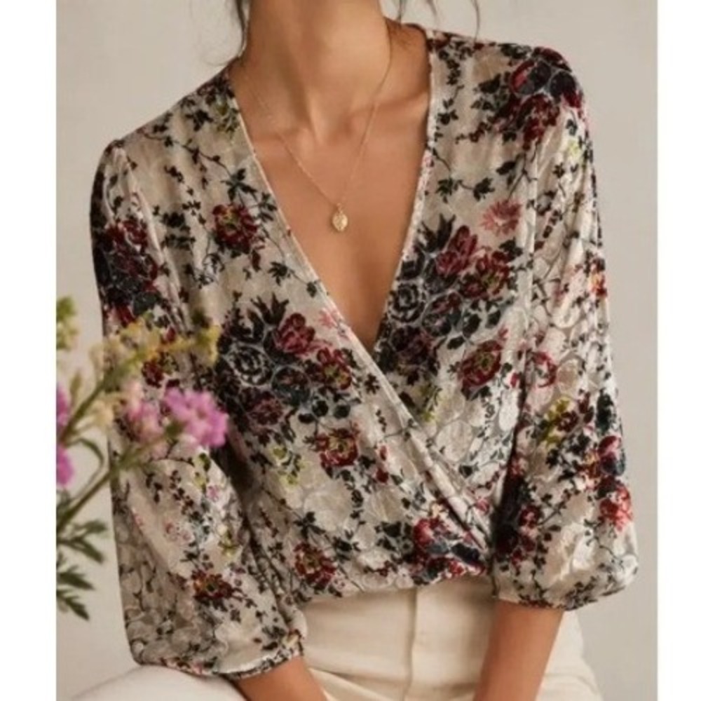 Anthropologie Maeve Umi‎ Wrap Blouse Burnout Velvet Silk Blend Floral XS Kimono